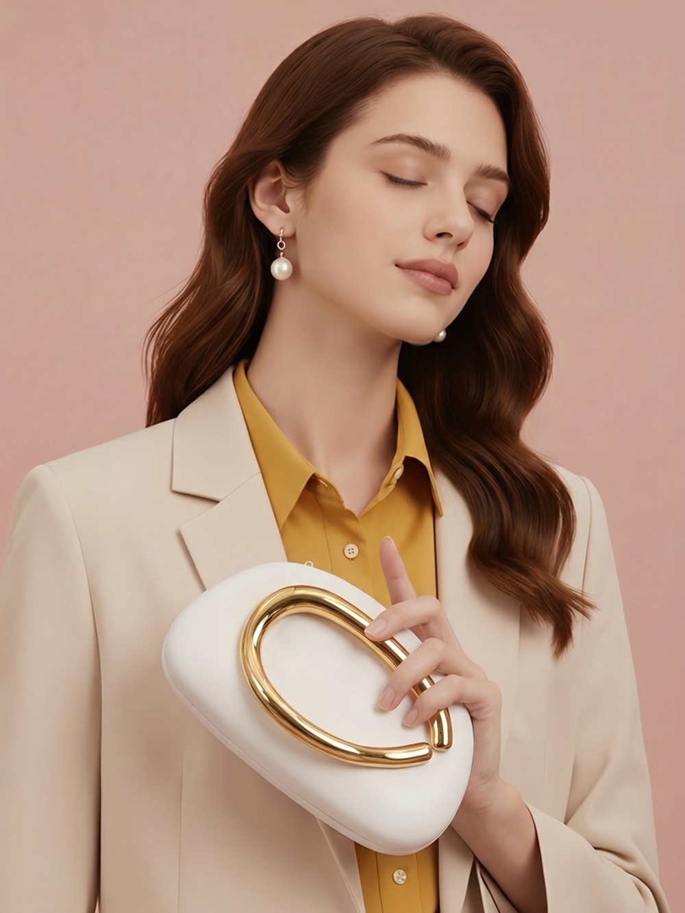 White Clutch Wristlet with Sculptural Gold Handle